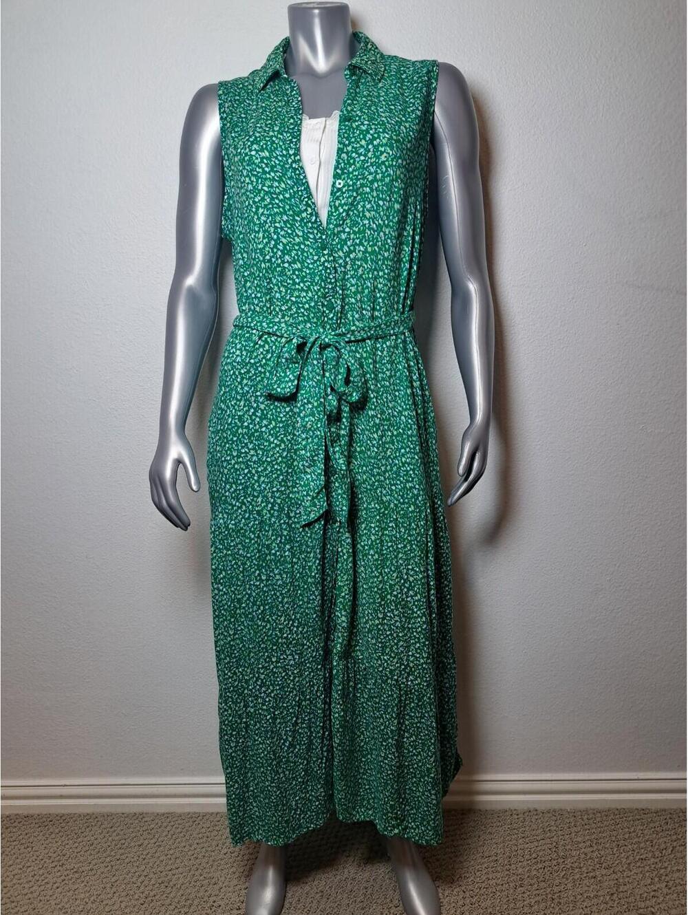 Croft & Barrow Green White Dots Maxi Shirt Dress Collared Button Front Belted M